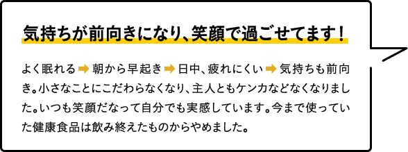 気持ちが前向きになり、笑顔で過ごせてます！
										よく眠れる➡朝から早起き➡日中、疲れにくい➡気持ちも前向き。小さなことにこだわらなくなり、主人ともケンカなどなくなりました。いつも笑顔だなって自分でも実感しています。今まで使っていた健康食品は飲み終えたものからやめました。
